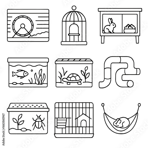 Animal Cage Icons. Line style icons of small animals and cages: hamster cage with wheel, birdcage with swing, rabbit hutch with