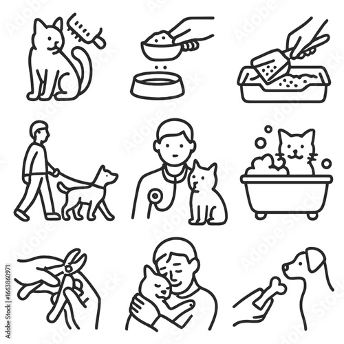 Pet Care Icons. Line style icons of pet care activities: brushing pet fur, feeding from scoop, cleaning litter box, walking dog on