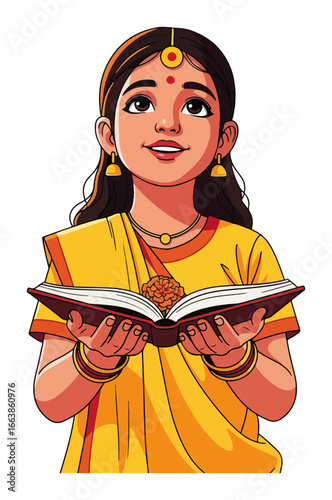 Indian girl reading holy book in traditional attire vector illustration