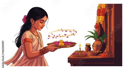 Hindu woman performing puja with flower offering