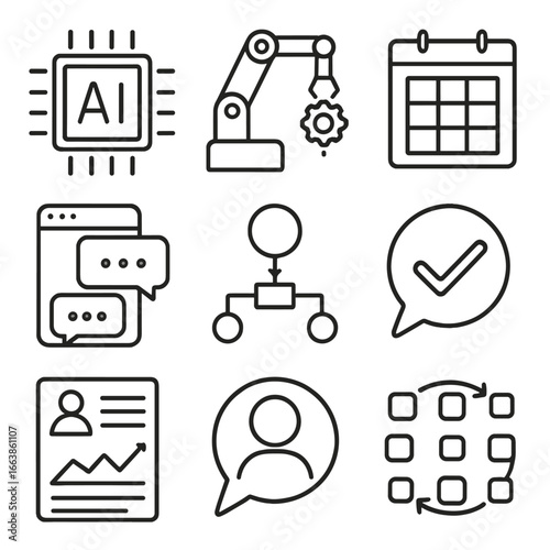 AI Automation Icons. Line style icons of automation and AI-powered services: AI assistant chip, robotic process icon, automated