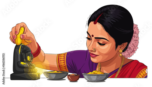 Indian woman performing traditional Hindu Puja to Lord Shiva
