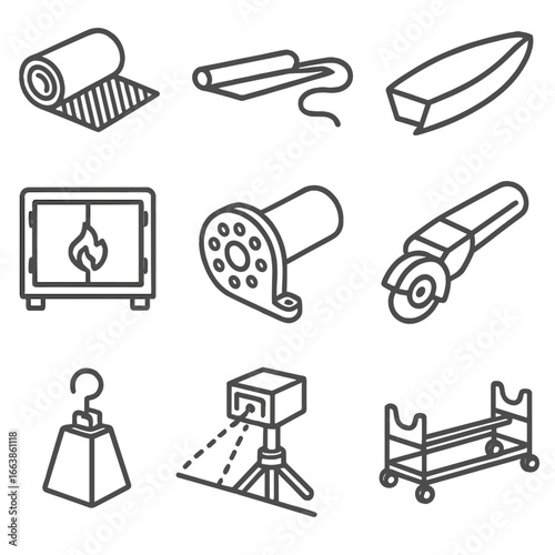 Blade Manufacturing Icons. Line style icons of Blade Manufacturing Steps: fiberglass cloth roll, resin infusion hose, blade mould