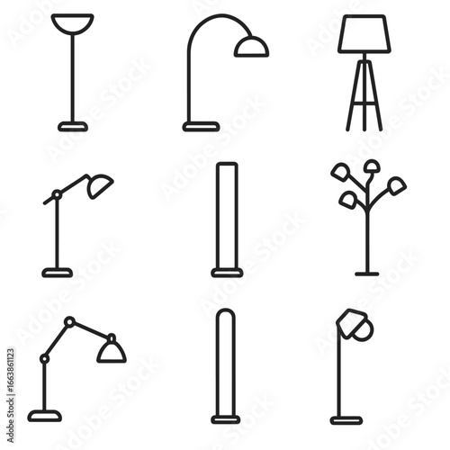 Floor Lamp Icons. Line style icons of Floor Lamp Shapes: torchiere lamp, arc floor lamp, tripod lamp, pharmacy lamp, column LED