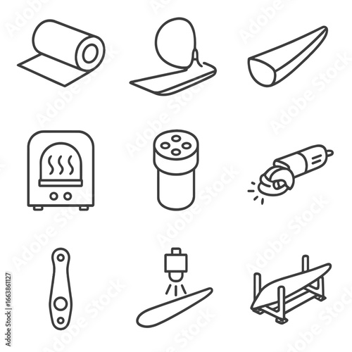 Blade Manufacturing Icons. Line style icons of Blade Manufacturing Steps: fiberglass cloth roll, resin infusion hose, blade mould