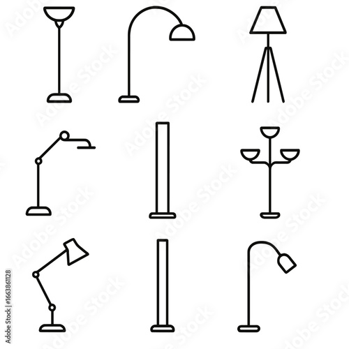 Floor Lamp Icons. Line style icons of Floor Lamp Shapes: torchiere lamp, arc floor lamp, tripod lamp, pharmacy lamp, column LED