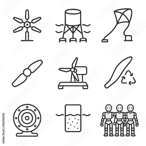 Innovation Icons Collection. Line style icons of Innovation & R&D Prototypes: multi-rotor turbine, suction bucket jacket test,