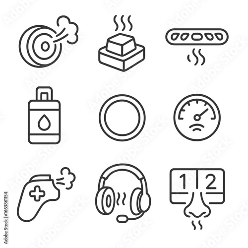Scent Gaming Icons. Line style icons of Scent-Enabled Gaming Gear: aroma blast module, programmable key, fan vent strip, scent