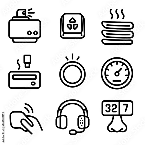 Scent Gaming Icons. Line style icons of Scent-Enabled Gaming Gear: aroma blast module, programmable key, fan vent strip, scent