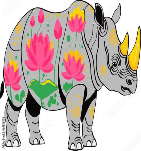 Indian Folk Art Vector, Rhino with lotus motifs