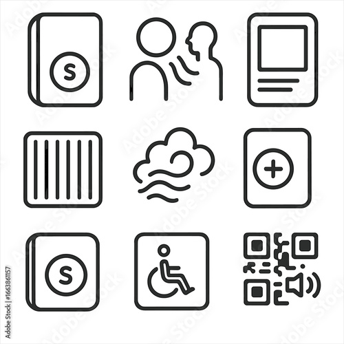 Scent Pods Line Icons. Line style icons of Public Exhibition Scent Pods: wall module, motion trigger, info label frame, HEPA