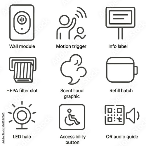 Scent Pods Line Icons. Line style icons of Public Exhibition Scent Pods: wall module, motion trigger, info label frame, HEPA
