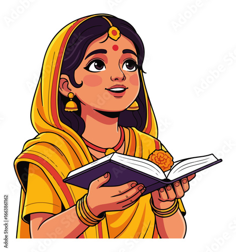 Cute Indian girl reading a holy book for spiritual learning