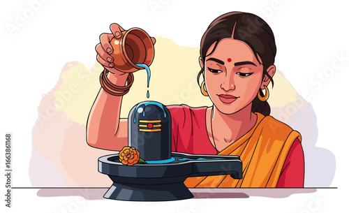 Indian woman performing Shiva Lingam abhishekam puja vector illustration