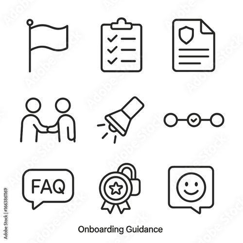 Onboarding Icons Collection. Line style icons of Onboarding Guidance: welcome flag, orientation checklist, policy doc, mentor