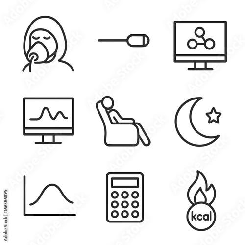 Resting Metabolic Icons. Line style icons of Resting Metabolic Rate: indirect calorimeter hood, oxygen sensor, CO₂ analyzer,
