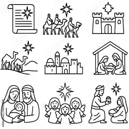Star Story Icon Panels. Outline style icon of Star of Bethlehem Storyboards: prophecy scroll star, journey of Magi panel, Herod