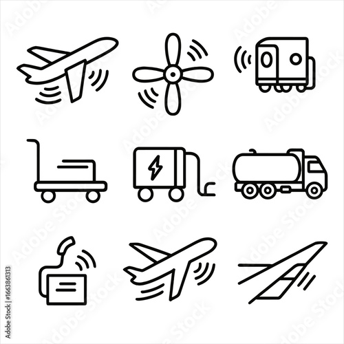Airport Noise Icons. Outline style icon of Aviation Airport Noise: jet take-off, turboprop propeller, APU whine, baggage cart