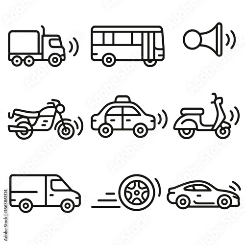 Traffic Noise Icons. Outline style icon of Transportation Traffic Noise: diesel semi-truck, urban bus engine, car horn, motorcycle