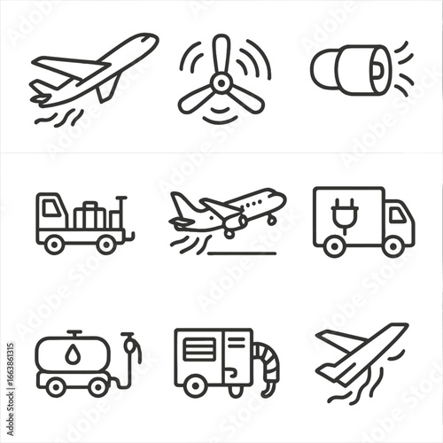 Airport Noise Icons. Outline style icon of Aviation Airport Noise: jet take-off, turboprop propeller, APU whine, baggage cart