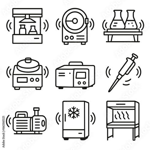 Outline Lab Equipment Icons. Outline style icon of Laboratory Equipment Noise: fume hood blower, autoclave steam, shaker table,