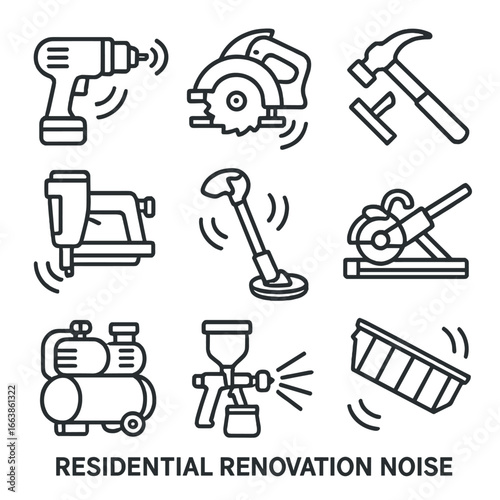 Wallpaper Mural Renovation Tool Icons. Outline style icon of Residential Renovation Noise: power drill, circular saw, hammer strike, nail gun pop, Torontodigital.ca