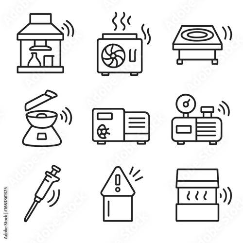Outline Lab Equipment Icons. Outline style icon of Laboratory Equipment Noise: fume hood blower, autoclave steam, shaker table,