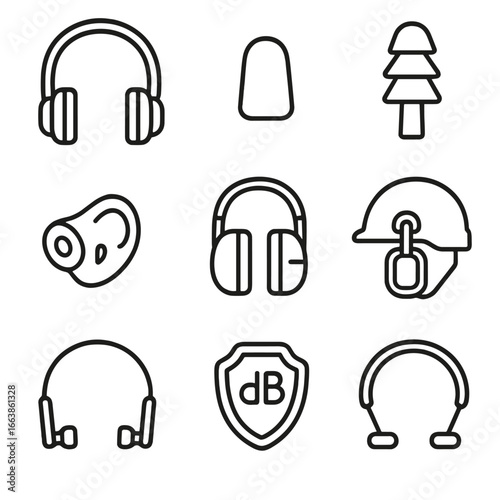 Personal Hearing Protection Icons. Outline style icon of Personal Hearing Protection: earmuff headset, disposable foam plug,