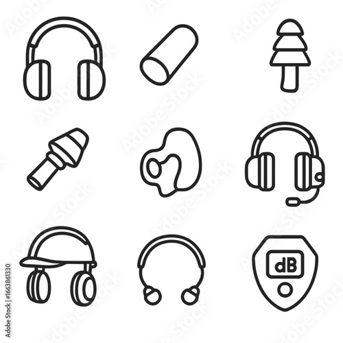Personal Hearing Protection Icons. Outline style icon of Personal Hearing Protection: earmuff headset, disposable foam plug,