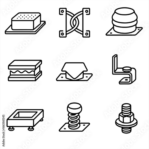 Vibration Isolation Hardware. Outline style icon of Vibration Isolation Hardware: elastomer pad, wire rope isolator, air spring