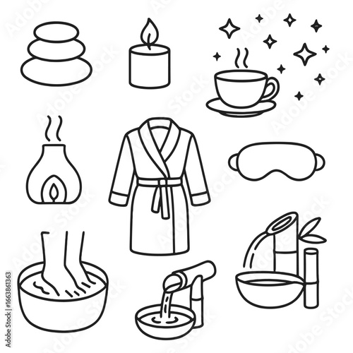 Night Spa Essentials. Outline style icon of Night Spa & Relaxation: hot stone set, scented candle, herbal tea cup, aromatherapy