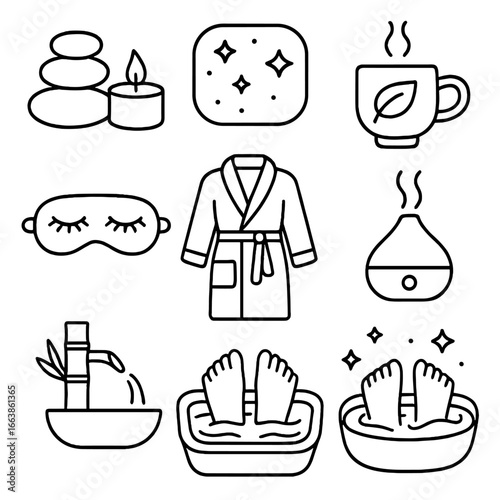 Night Spa Essentials. Outline style icon of Night Spa & Relaxation: hot stone set, scented candle, herbal tea cup, aromatherapy