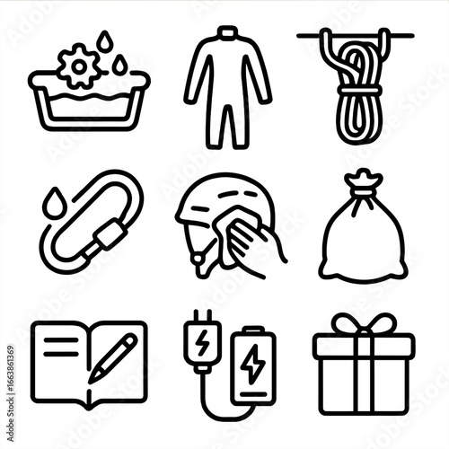Post-Trip Cleanup. Outline style icon of Post-Trip Cleanup: gear rinse tub, wetsuit wash, rope flake dry, carabiner lube, helmet