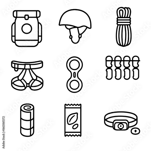 Pre-Trip Packing Essentials. Outline style icon of Pre-Trip Packing List: dry backpack, helmet, rope bag, harness, descender