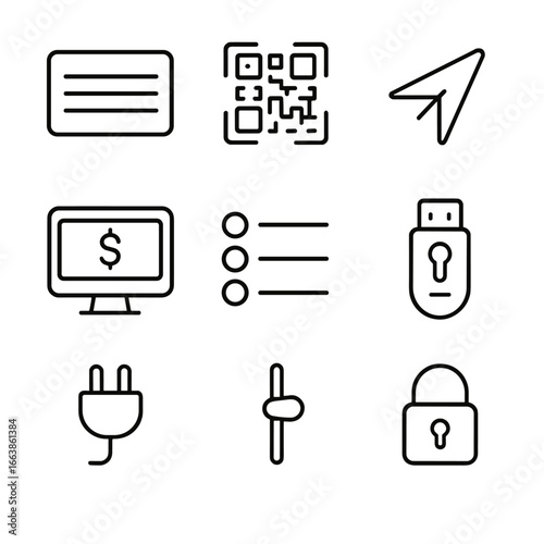 Digital Wallet Essentials. Outline style icon of Digital Wallet Basics: seed phrase card, QR receive code, send arrow, balance