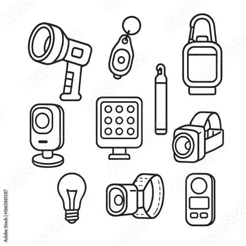 Illumination Tools Icon. Outline style icon of Illumination Tools Kit: handheld flood torch, micro key-light, chem light stick,