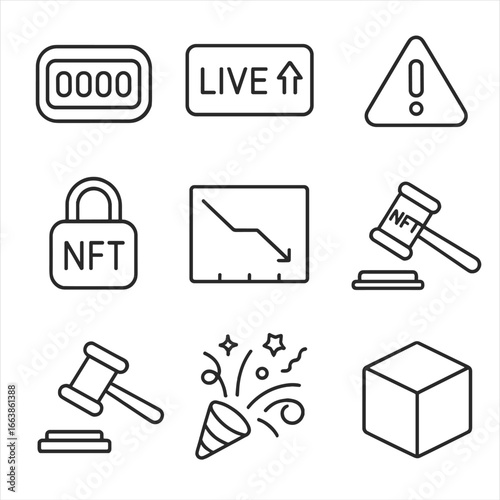 NFT Auction Icon Set. Outline style icon of NFT Auction Events: countdown timer, live bid box, outbid alert, reserve price lock,