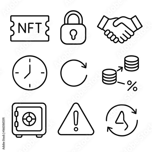 NFT Rental Icons. Outline style icon of NFT Rental & Lending: rental ticket, collateral lock, lend handshake, duration clock,