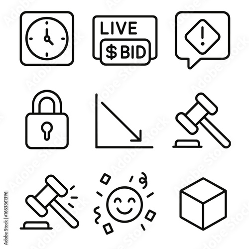 NFT Auction Icon Set. Outline style icon of NFT Auction Events: countdown timer, live bid box, outbid alert, reserve price lock,