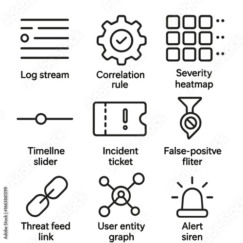SIEM Dashboard Icons. Outline style icon of SIEM Dashboards: log stream, correlation rule gear, severity heatmap, timeline slider,