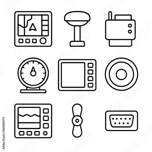 Electronic Navigation Icons. Outline style icon of Electronic Navigation Gear: chart-plotter screen, GPS antenna, AIS transceiver,
