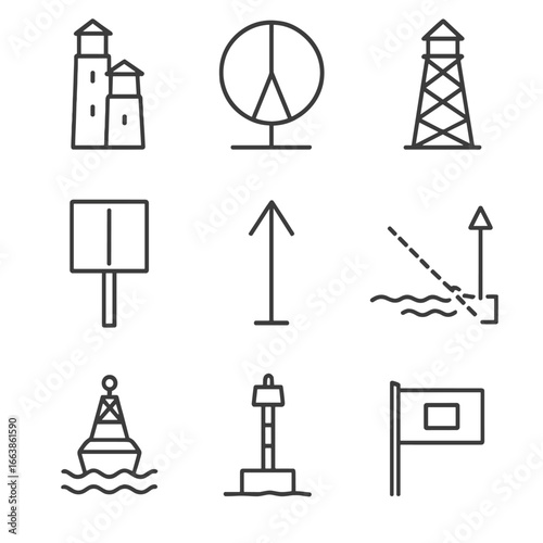 Harbor Aids Outline Icons. Outline style icon of Harbor Approach Aids: leading lights pair, sectored light range, day beacon tower