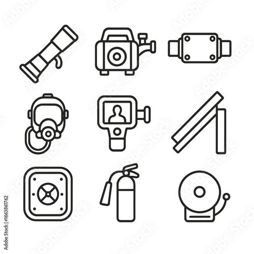 Damage Control Icons. Outline style icon of Damage Control Gear: fire hose nozzle, portable pump, flooding patch, self-contained