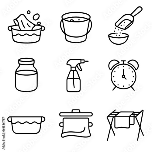 Fiber Preparation Icons. Outline style icon of Fiber Preparation Steps: scour wash tub, mordant bath bucket, alum powder scoop,