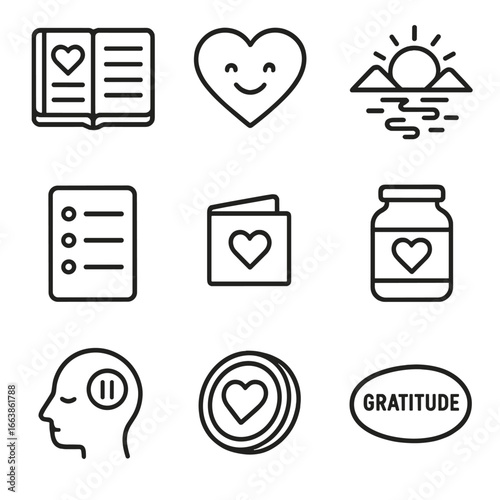 Gratitude Icon Collection. Outline style icon of Gratitude & Reflection: gratitude journal, thankful heart, sunset reflection lake