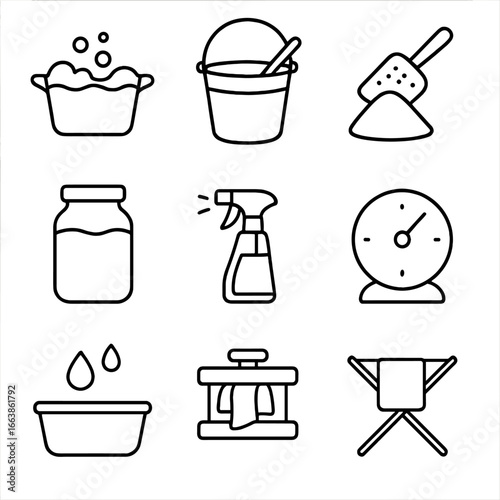 Fiber Preparation Icons. Outline style icon of Fiber Preparation Steps: scour wash tub, mordant bath bucket, alum powder scoop,