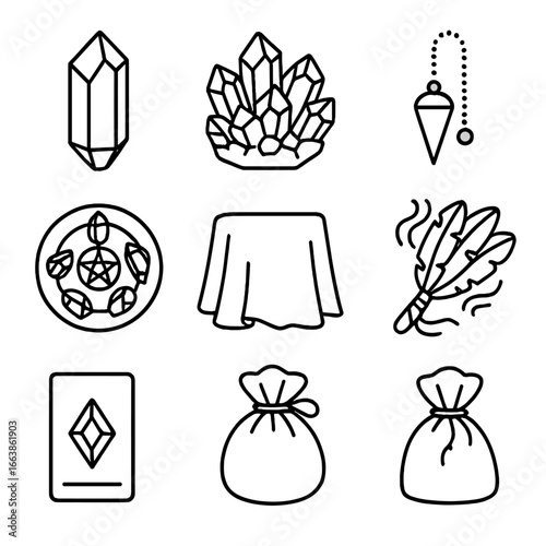 Crystal Divination Tools. Outline style icon of Crystal Divination: clear quartz point, amethyst cluster, obsidian sphere,
