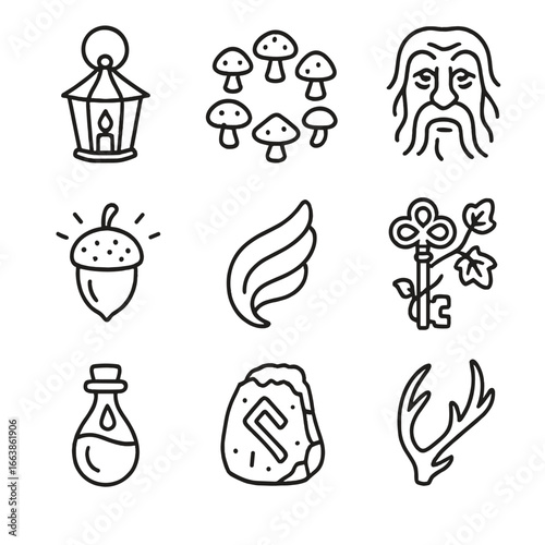 Enchanted Forest Icons. Outline style icon of Enchanted Forest Artefacts: fairy lantern, mushroom circle, whispering tree face,