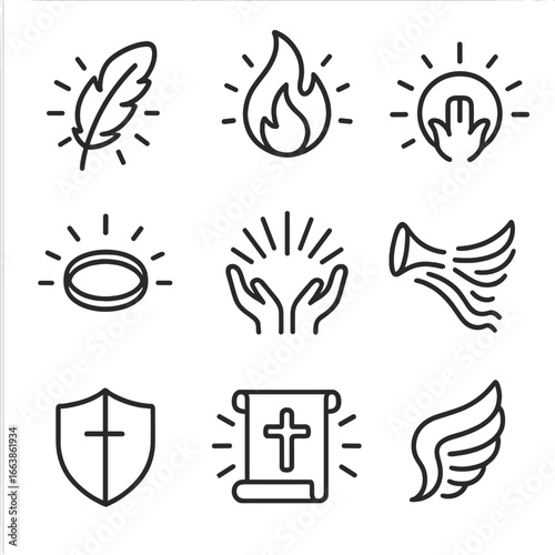Divine Energy Motifs. Outline style icon of Divine Energy Motifs: angelic feather glow, holy flame, sacred sigil, gold halo ring,