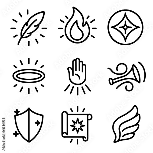 Divine Energy Motifs. Outline style icon of Divine Energy Motifs: angelic feather glow, holy flame, sacred sigil, gold halo ring,